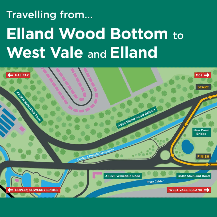 View of the area with arrow linking Elland Wood Bottom to West Vale via the new canal bridge.
